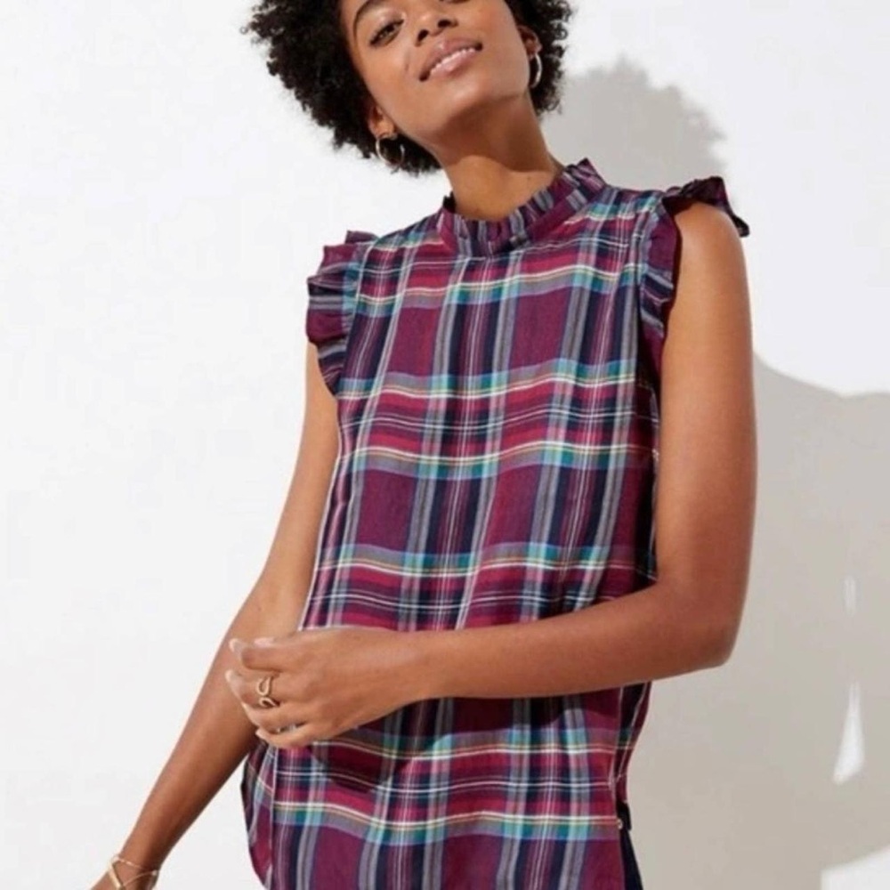 Ann Taylor LOFT Plaid Burgundy Short Sleeve Blouse M